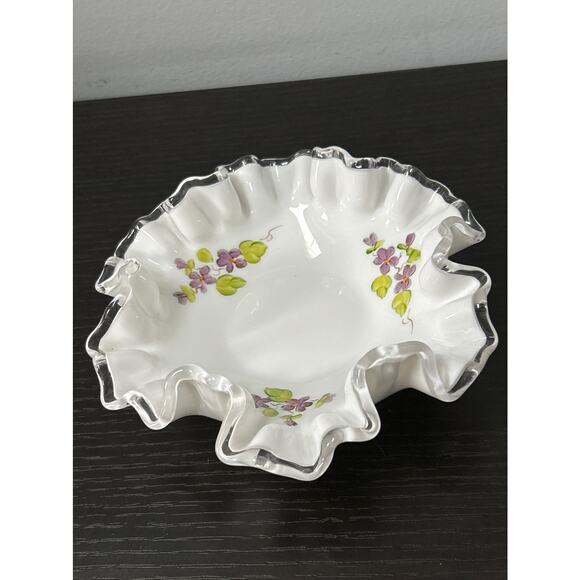 Hand Painted Fenton Silver Crest Ruffled Bowl Violets Floral Dish Signed - Picture 1 of 9